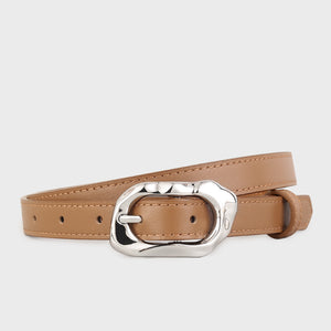 Caramel cowhide leather belt with unique silver buckle