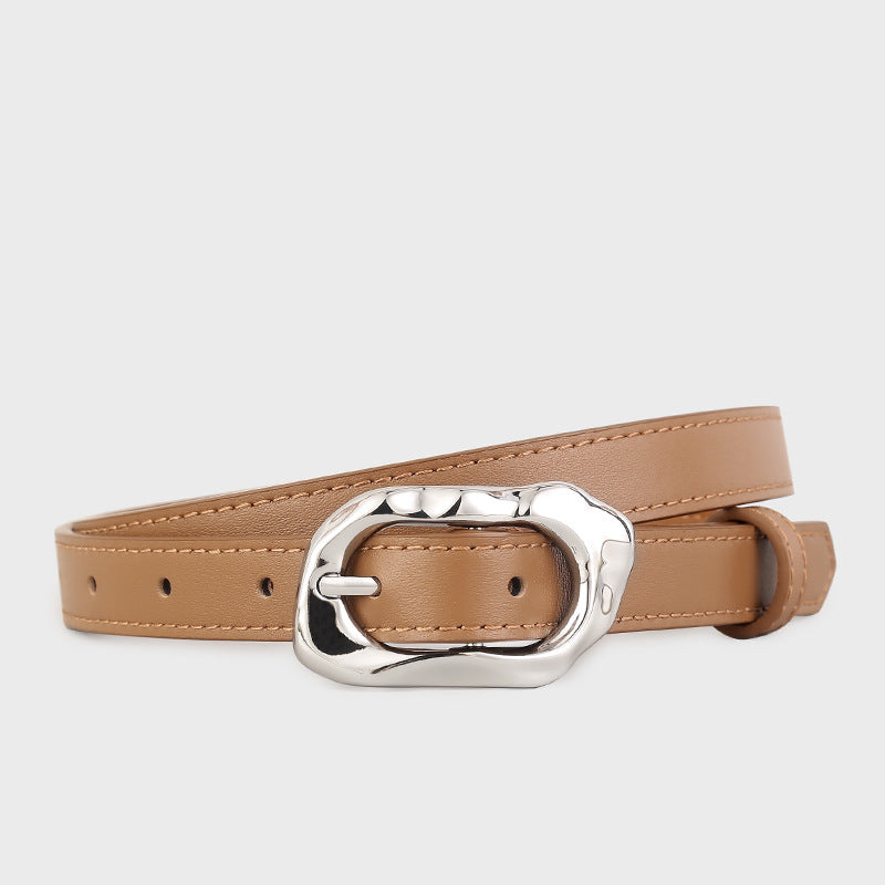Caramel cowhide leather belt with unique silver buckle