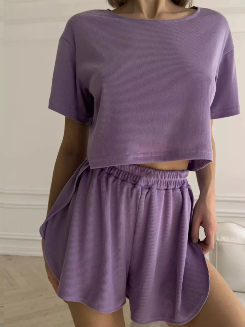 Purple ribbed knit cropped t-shirt and drawstring shorts loungewear set