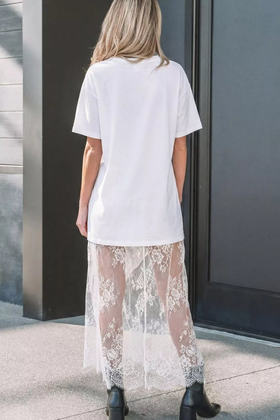 White cotton t-shirt dress with lace midi skirt detail