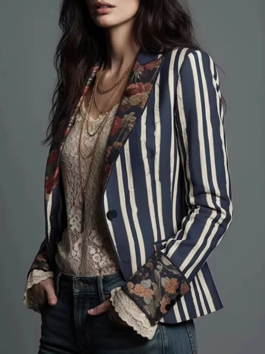 ivory blazer featuring buttoned and striped, floral