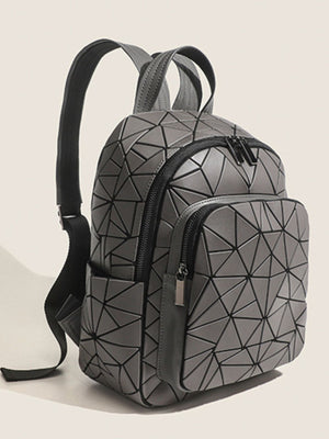 backpack in black with geometric and front zip pocket