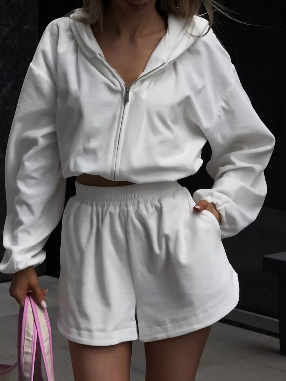 Blue Long Sleeve Zip-up Hoodie And Shorts Set
