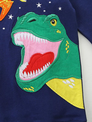 Toddler navy cotton long sleeve top with a green dinosaur appliqué and stars.