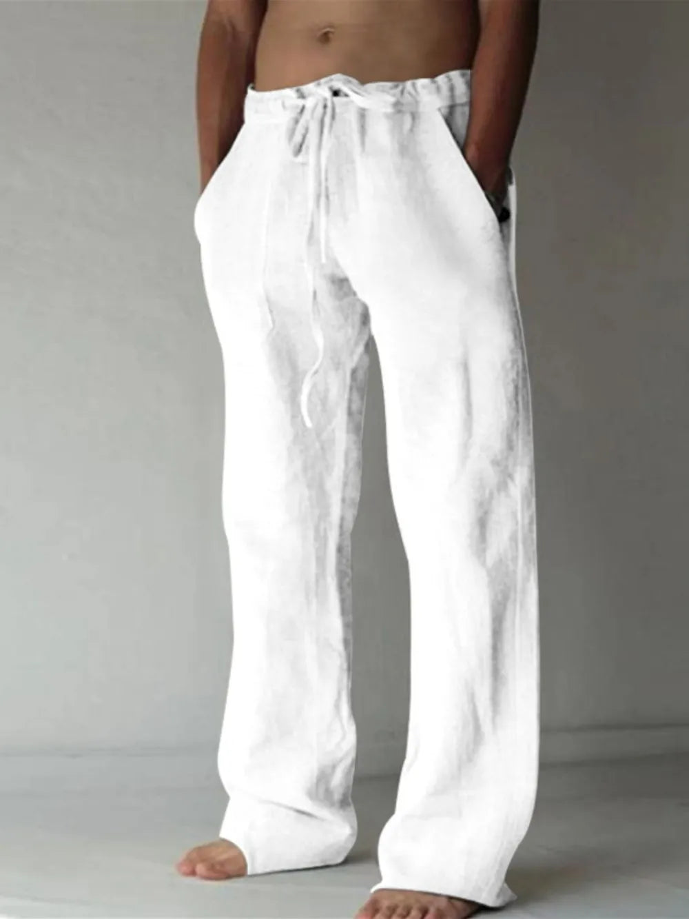 White linen blend wide-leg drawstring trousers with pockets