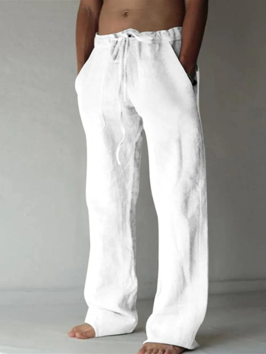 White linen blend wide-leg drawstring trousers with pockets