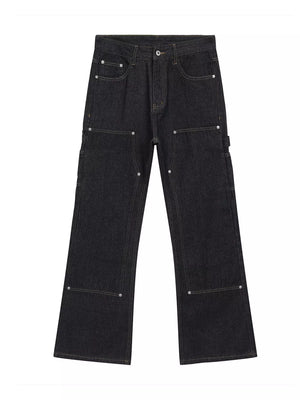 Dark wash cotton blend carpenter jeans with contrast stitching and distinctive pockets.