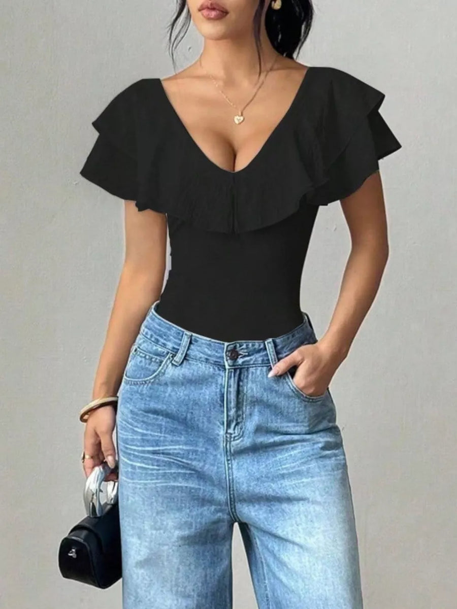 Ruffle Trim V-neck Bodysuit in White with ruffled