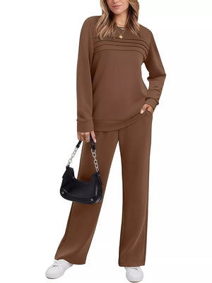 Brown casual long-sleeve top and pants set with drawstring detail and side pockets.