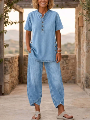 pajama set in light blue featuring buttoned and relaxed fit