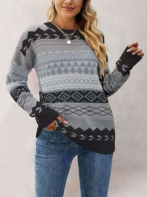 bohemian pullover sweater in Khaki with crew neck