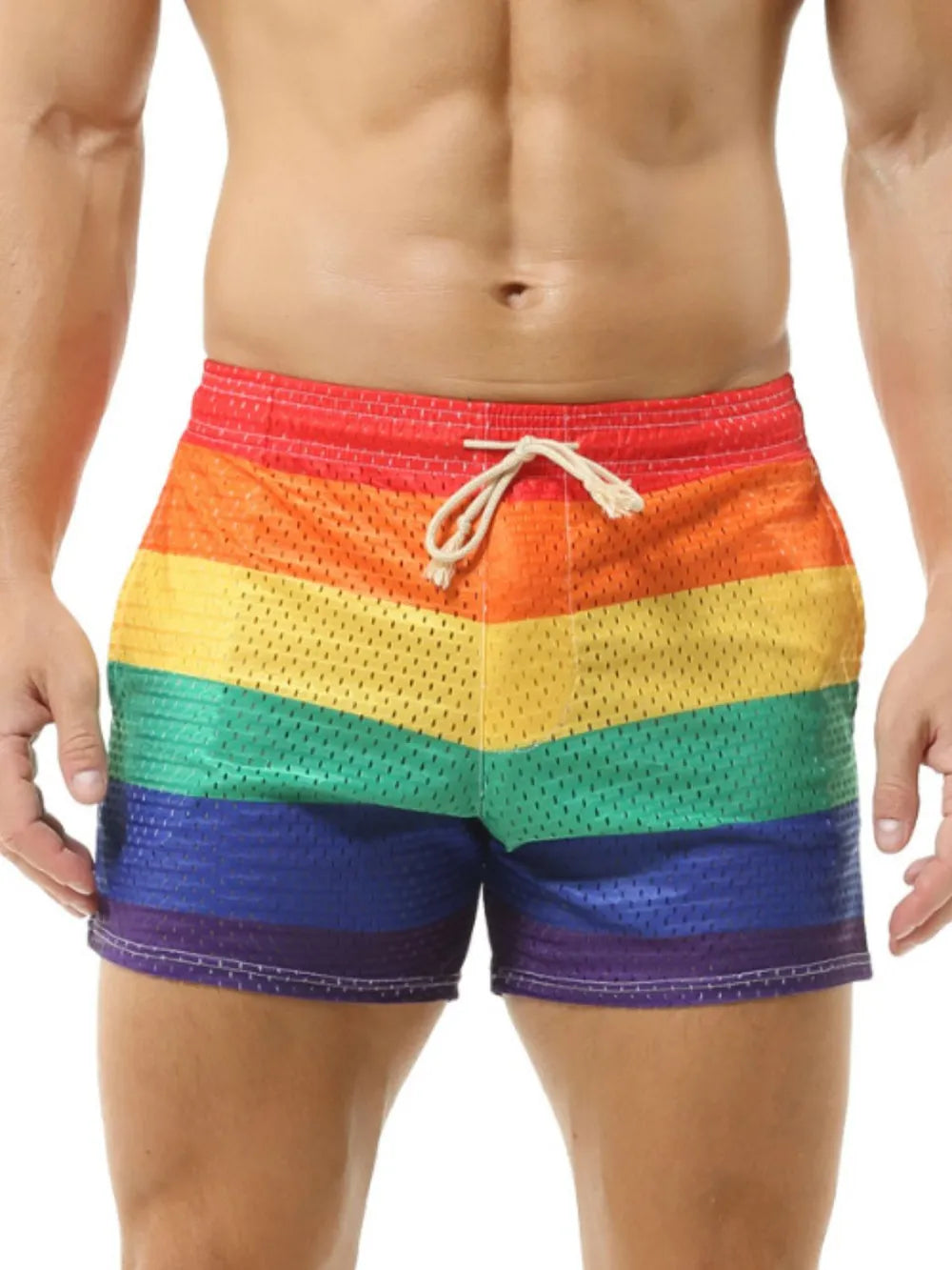 Rainbow mesh drawstring swim shorts with a relaxed fit and athletic cut.