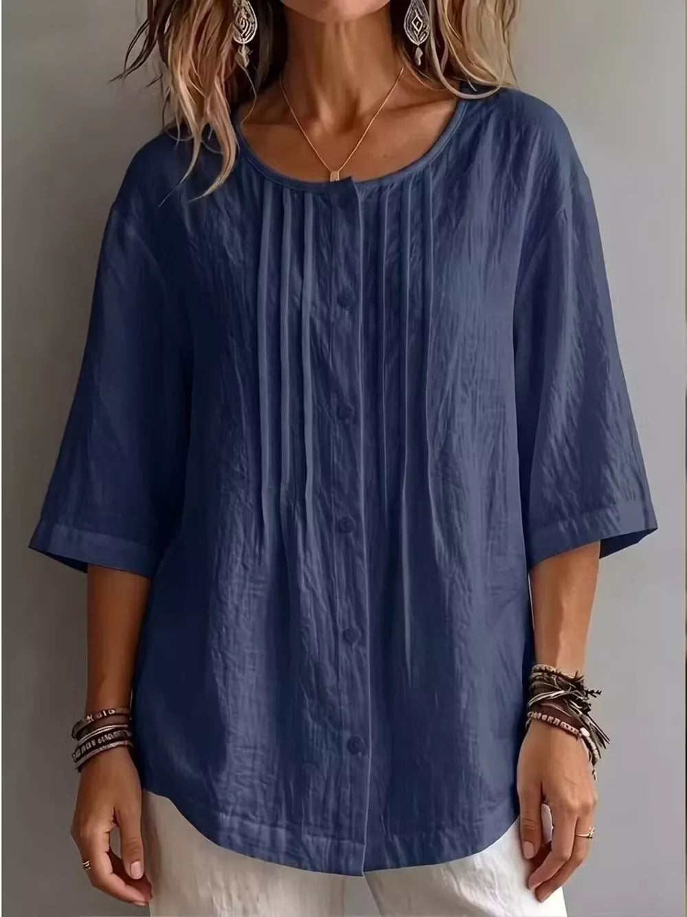 Full Size Texture Round Neck 3/4 Sleeve Blouse in Navy Blue