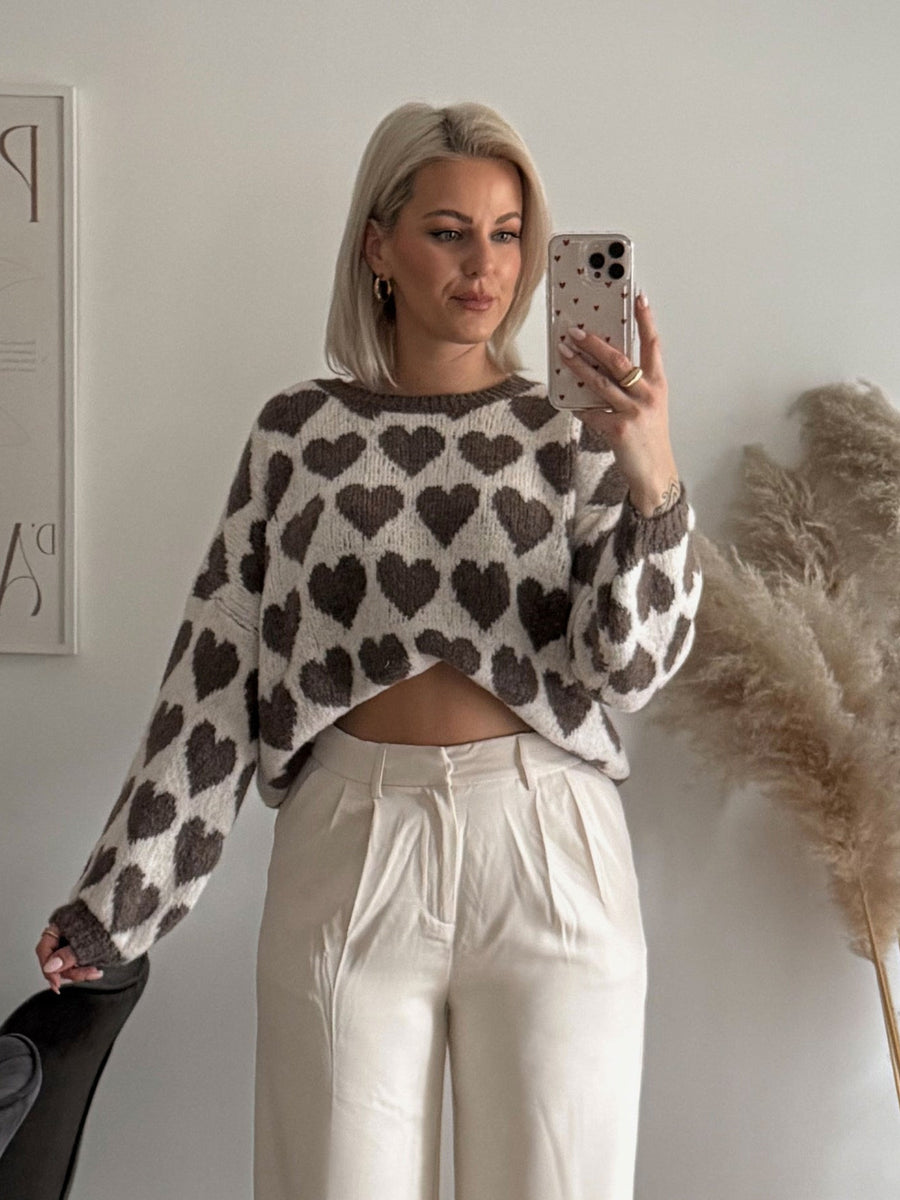 White Brown oversized pullover sweater with crew neck