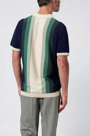 Gradient stripe knit polo shirt with cream, green, and navy stripes.