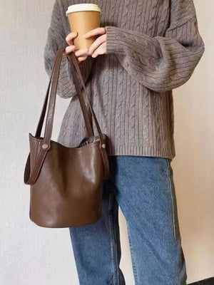 Elegant coffee brown PU leather bucket bag with shoulder straps