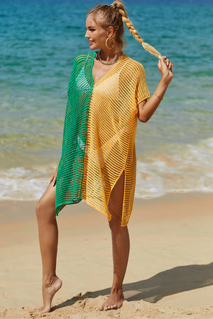 Green and yellow ombre crochet beach cover-up with V-neck and side slits.