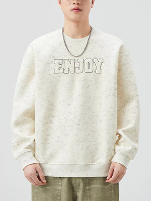 Men's beige long-sleeve sweatshirt with "ENJOY" graphic and speckled pattern