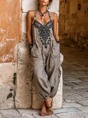 olive jumpsuit with embroidered and halter