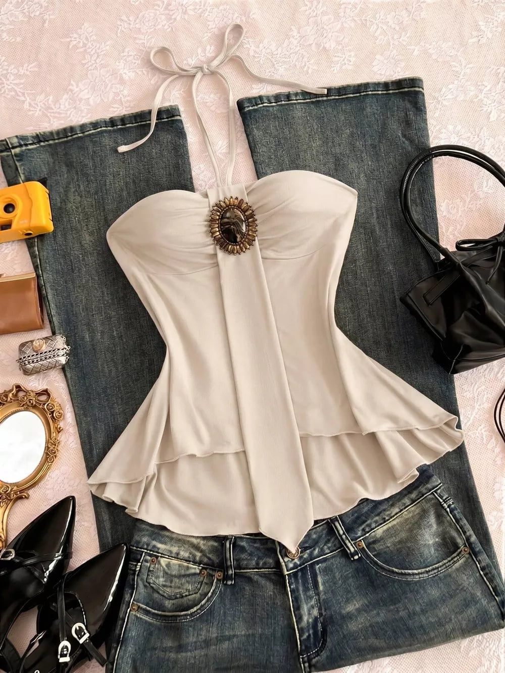 Embellished Front Halter Neck Cami in Coffee Brown