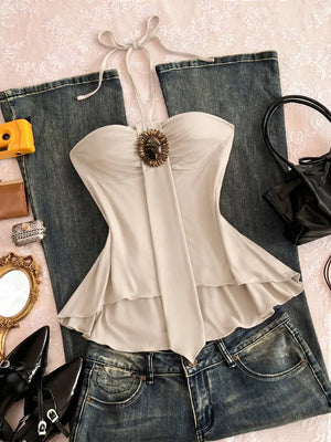 Embellished Front Halter Neck Cami in Coffee Brown