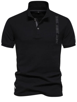 Black piqué polo shirt with chevron embroidery detail on the chest.