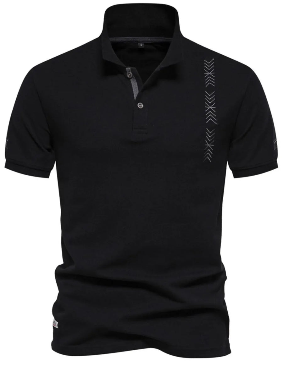 Black piqué polo shirt with chevron embroidery detail on the chest.