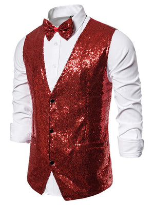 Dazzling sequin wine red men's vest with double-breasted front and black buttons.