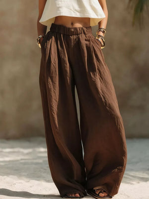 Full Size Elastic Waistband Wide Leg Pants in Beige, view 13