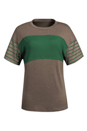 Colorblock raglan tee in brown with green chest stripe and striped sleeves.