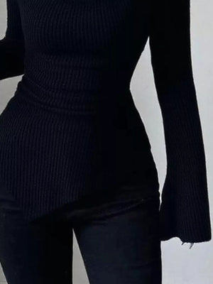 Black ribbed asymmetrical cowl neck top with flared sleeves