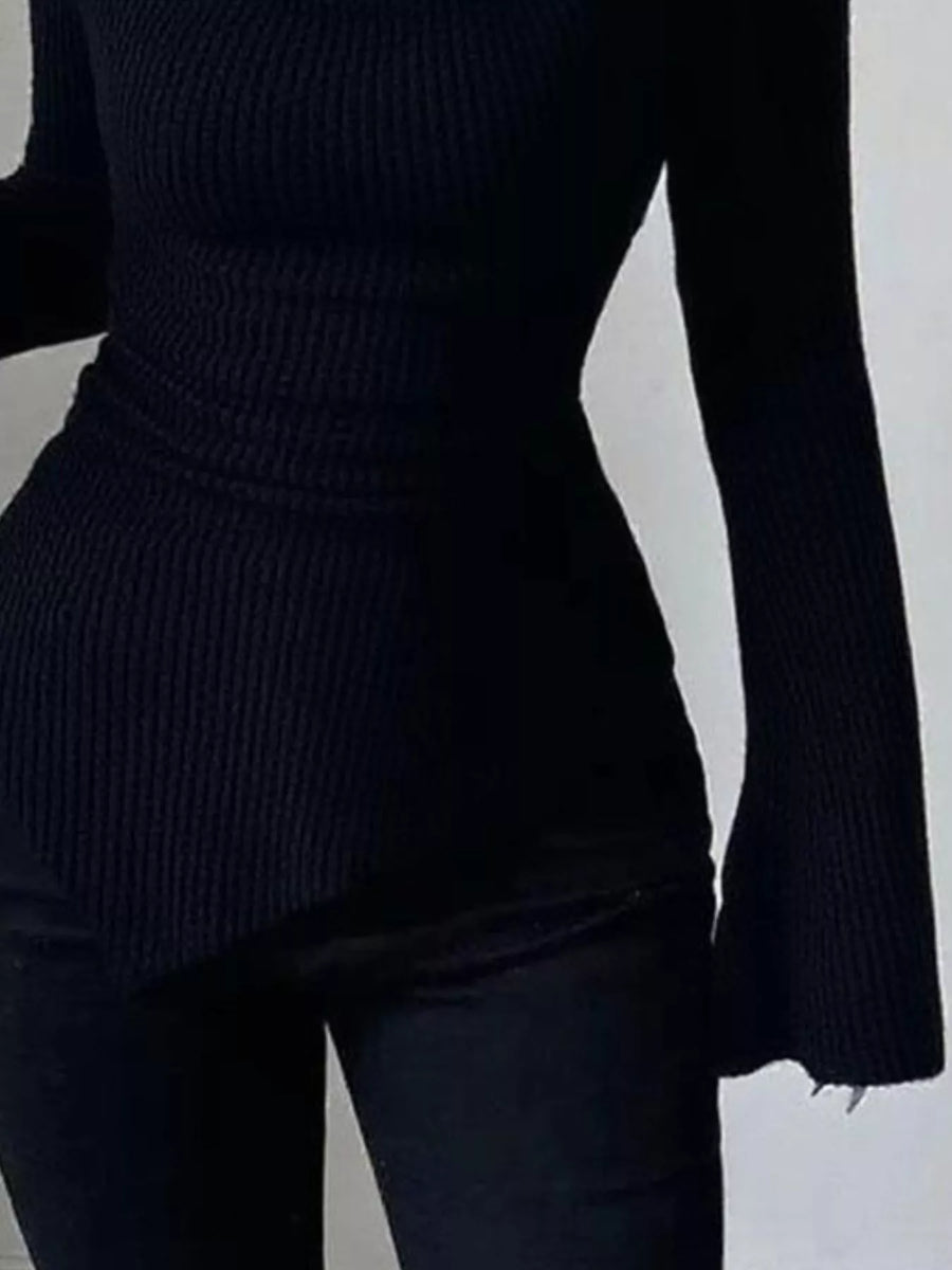 Black ribbed asymmetrical cowl neck top with flared sleeves