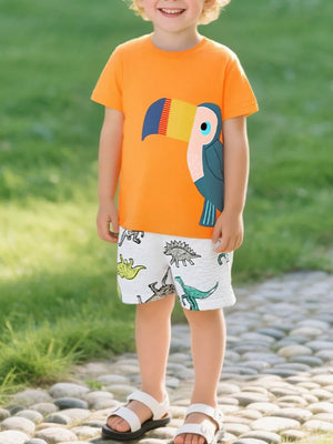 Orange cotton crew neck t-shirt with playful toucan graphic for toddlers