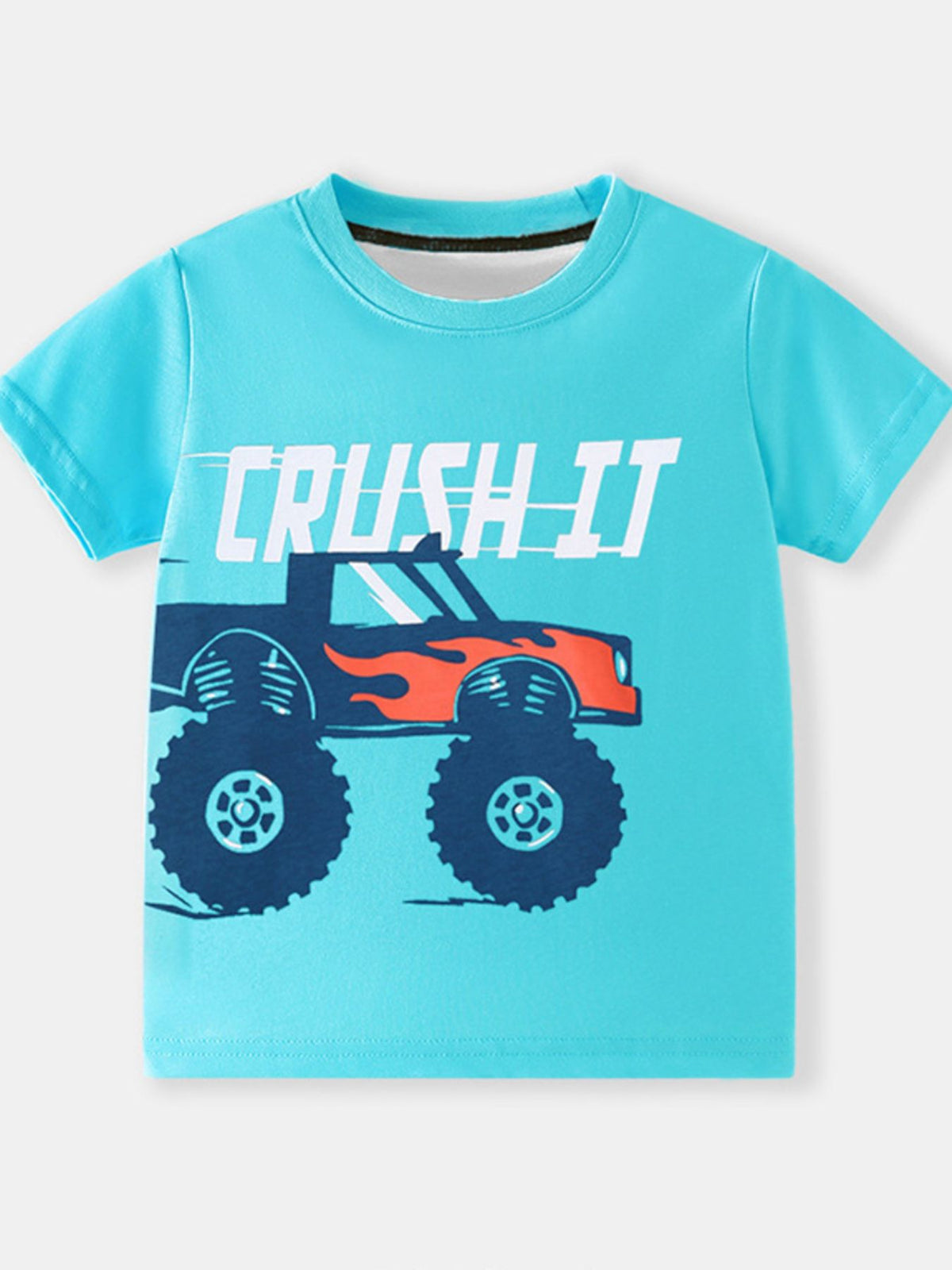 Toddler blue crew neck t-shirt with monster truck graphic and "Crush It" text.