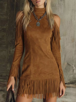 mini dress in camel featuring fringe and fitted fit