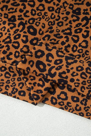 dark brown pajama set with pullover, drawstring and leopard-print