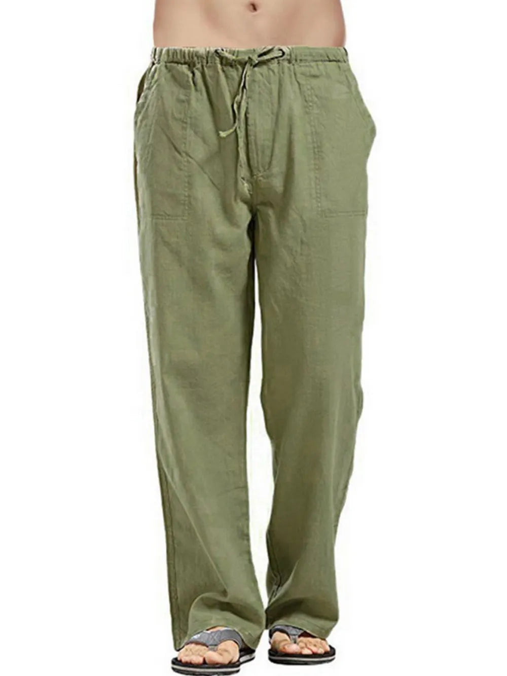 Relaxed fit linen drawstring trousers in Matcha Green with side pockets.