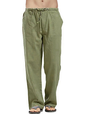 Relaxed fit linen drawstring trousers in Matcha Green with side pockets.