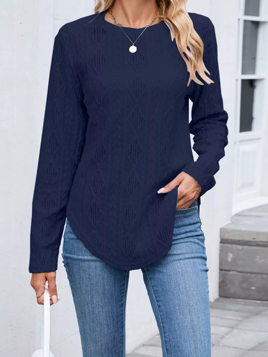 Textured Diamond Knit Long Sleeve T-shirt in Black