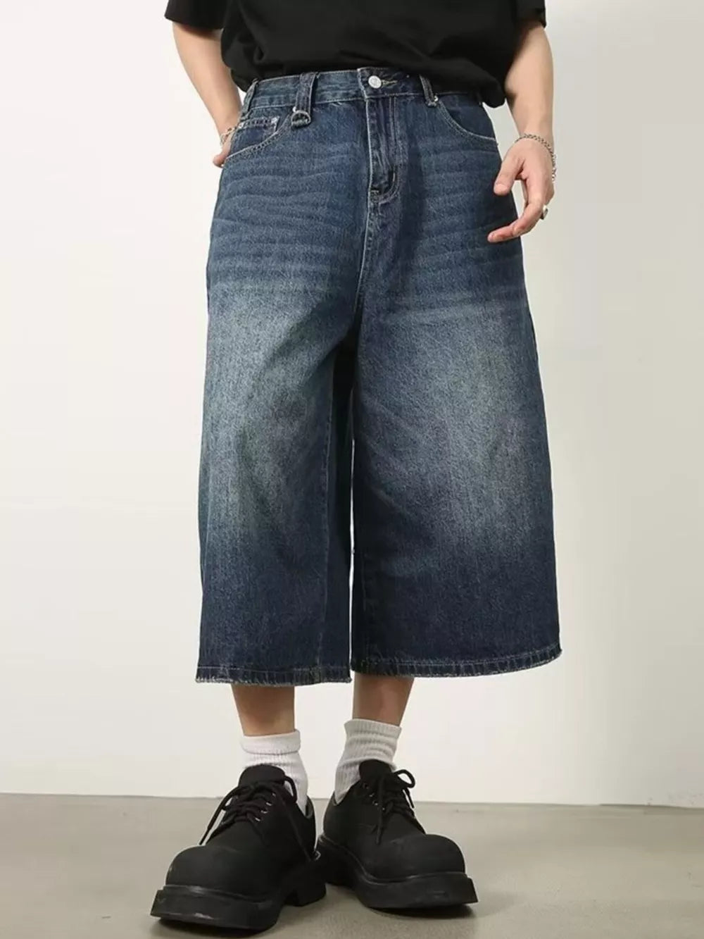 Dark Blue Men's Wide Leg Cropped Jeans Plus Size