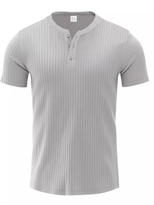 Men's gray ribbed short-sleeve henley t-shirt with button placket.