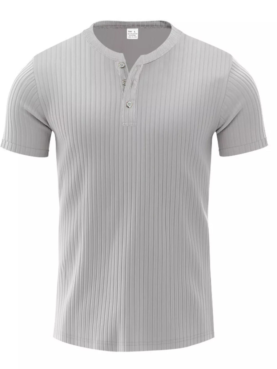 Men's gray ribbed short-sleeve henley t-shirt with button placket.
