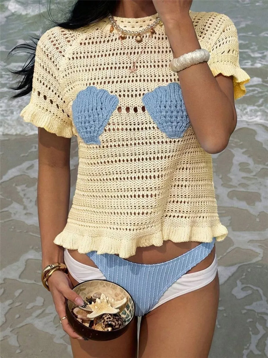 White with Seashell Crochet Knit Top in White