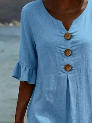 White Full Size Casual Button Midi Dress With Ruffle Sleeves