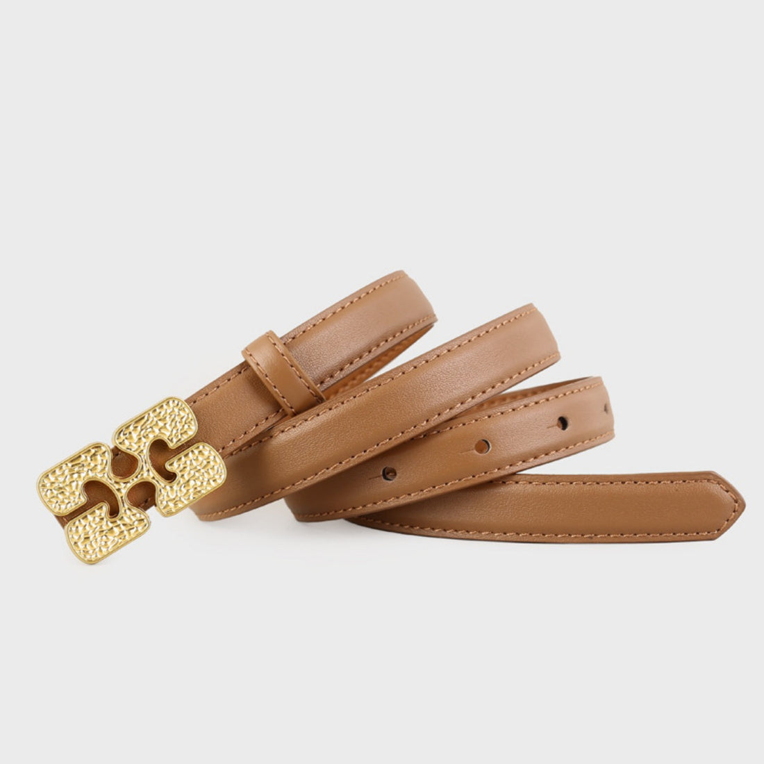 Textured buckle cowhide leather belt in brown with gold hardware.