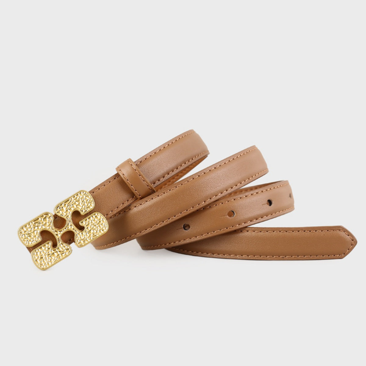 Textured buckle cowhide leather belt in brown with gold hardware.