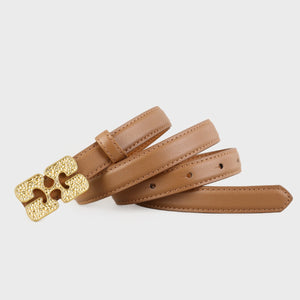 Textured buckle cowhide leather belt in brown with gold hardware.