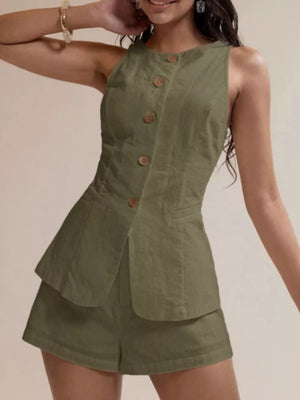 Army green cotton two-piece set with decorative buttons and shorts.