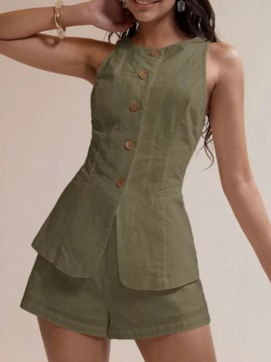 Army green cotton two-piece set with decorative buttons and shorts.