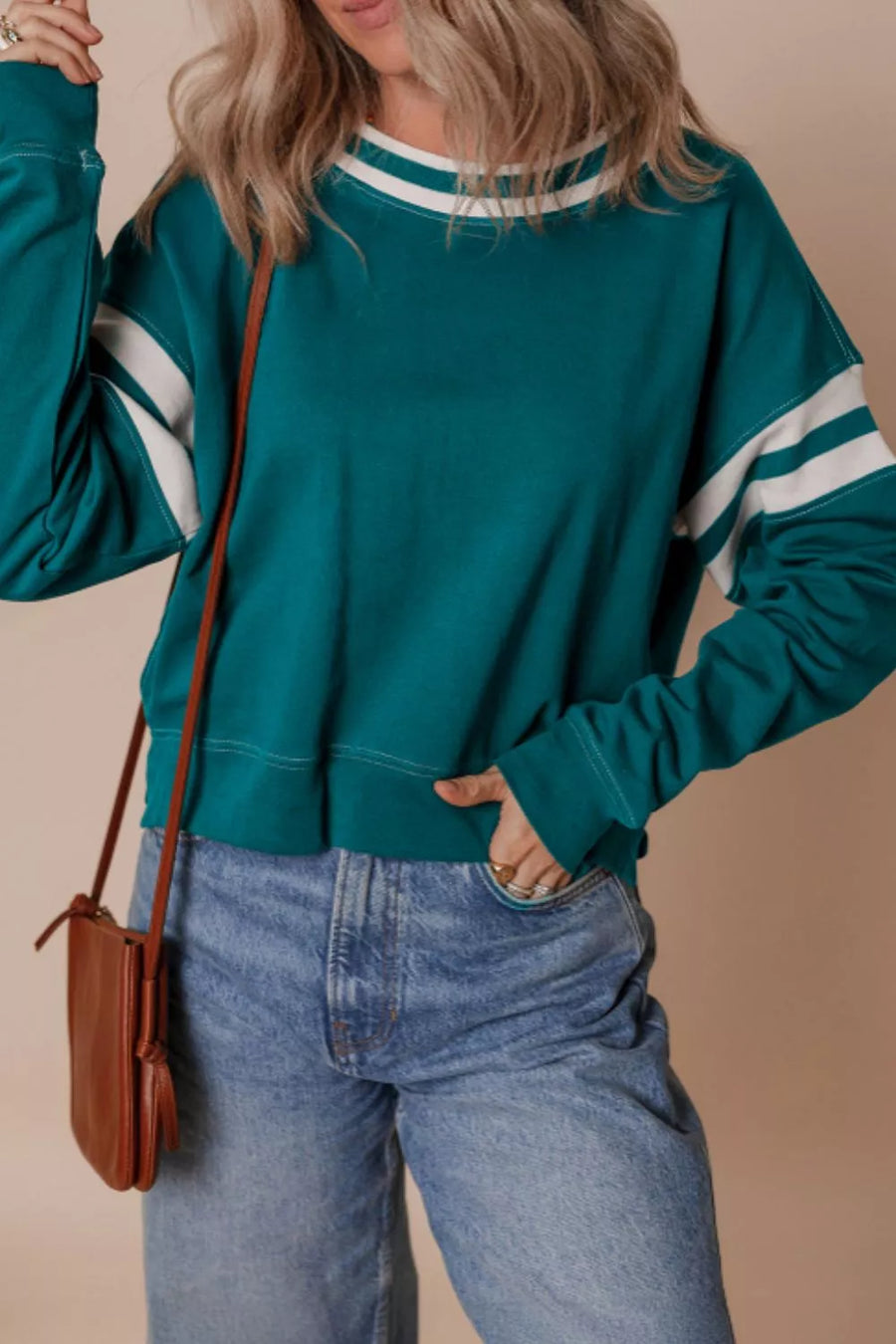 Contrast Striped Patchwork Sweatshirt in French Blue
